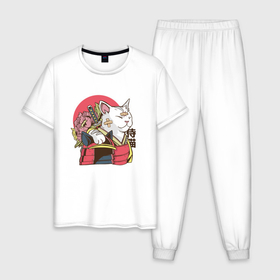 Мужская пижама хлопок с принтом Котик Самурай | Samurai Cat | Japanese art в Тюмени, 100% хлопок | брюки и футболка прямого кроя, без карманов, на брюках мягкая резинка на поясе и по низу штанин
 | flowers | injured | ronin | sun | warrior | white cat | белый кот | в пластырях | воин | довольный кот | катана | киса | кот | котяра | кошка | красное солнце | пластыри | побитый | раненый | ронин | с ранами | солнце
