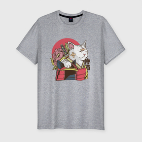Мужская футболка хлопок Slim с принтом Котик Самурай | Samurai Cat | Japanese art в Курске, 92% хлопок, 8% лайкра | приталенный силуэт, круглый вырез ворота, длина до линии бедра, короткий рукав | Тематика изображения на принте: flowers | injured | ronin | sun | warrior | white cat | белый кот | в пластырях | воин | довольный кот | катана | киса | кот | котяра | кошка | красное солнце | пластыри | побитый | раненый | ронин | с ранами | солнце