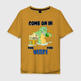 Мужская футболка хлопок Oversize с принтом Иди сюда, в воде спокойно (хитрый аллигатор) в Кировске, 100% хлопок | свободный крой, круглый ворот, “спинка” длиннее передней части | alligator | crocodile | аллигатор | гавиал | кайман | крокодил | крокодилы | телезавр | хищник