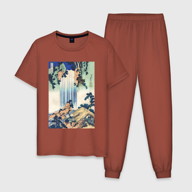 Мужская пижама хлопок с принтом Yoro Waterfall in Mino Province (Водопад Йоро) в Екатеринбурге, 100% хлопок | брюки и футболка прямого кроя, без карманов, на брюках мягкая резинка на поясе и по низу штанин
 | japan | винтаж | водопад | картины | природа | япония | японская анимация | японская эстетика | японский стиль
