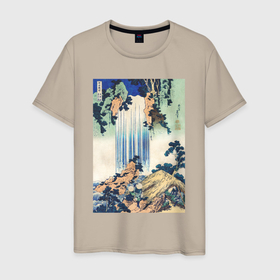 Мужская футболка хлопок с принтом Yoro Waterfall in Mino Province (Водопад Йоро) в Новосибирске, 100% хлопок | прямой крой, круглый вырез горловины, длина до линии бедер, слегка спущенное плечо. | japan | винтаж | водопад | картины | природа | япония | японская анимация | японская эстетика | японский стиль