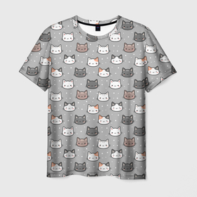 Мужская футболка 3D с принтом Милые мультяшные котики на сером фоне , 100% полиэфир | прямой крой, круглый вырез горловины, длина до линии бедер | аниме | анимешный | анимэ | анимэшный | в стиле анимэ | детский | кот | котенок | котик | коты | котята | милый | мультяшный