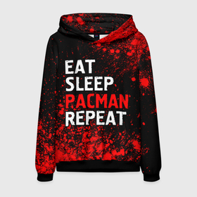 Мужская толстовка 3D с принтом Eat Sleep Pacman Repeat + Арт в Новосибирске, 100% полиэстер | двухслойный капюшон со шнурком для регулировки, мягкие манжеты на рукавах и по низу толстовки, спереди карман-кенгуру с мягким внутренним слоем. | eat sleep pacman repeat | logo | man | pac | игра | игры | краска | краски | лого | логотип | пакман | символ