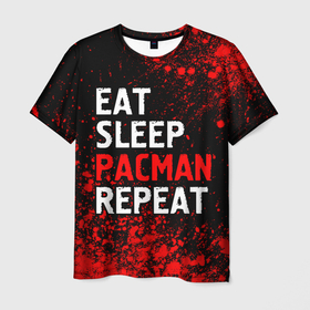 Мужская футболка 3D с принтом Eat Sleep Pacman Repeat + Арт в Санкт-Петербурге, 100% полиэфир | прямой крой, круглый вырез горловины, длина до линии бедер | eat sleep pacman repeat | logo | man | pac | игра | игры | краска | краски | лого | логотип | пакман | символ