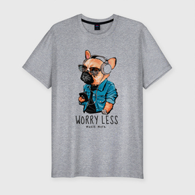 Мужская футболка хлопок Slim с принтом Бульдожка в наушниках в Екатеринбурге, 92% хлопок, 8% лайкра | приталенный силуэт, круглый вырез ворота, длина до линии бедра, короткий рукав | бульдог | животные | звери | музыка | настроение | наушники | собака | собака в наушниках