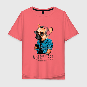 Мужская футболка хлопок Oversize с принтом Бульдожка в наушниках в Новосибирске, 100% хлопок | свободный крой, круглый ворот, “спинка” длиннее передней части | бульдог | животные | звери | музыка | настроение | наушники | собака | собака в наушниках
