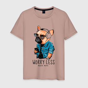Мужская футболка хлопок с принтом Бульдожка в наушниках в Белгороде, 100% хлопок | прямой крой, круглый вырез горловины, длина до линии бедер, слегка спущенное плечо. | бульдог | животные | звери | музыка | настроение | наушники | собака | собака в наушниках