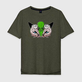 Мужская футболка хлопок Oversize с принтом Пришелец в голове кота в Белгороде, 100% хлопок | свободный крой, круглый ворот, “спинка” длиннее передней части | Тематика изображения на принте: ufo | аномальное явление | астронавт | зеленый человечек | инопланетянин | киса | киска | кисуля | кисуня | космический | космонавт | космос | кот | котенок | котик | коты в космосе | котэ | кошачий
