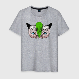 Мужская футболка хлопок с принтом Пришелец в голове кота в Петрозаводске, 100% хлопок | прямой крой, круглый вырез горловины, длина до линии бедер, слегка спущенное плечо. | ufo | аномальное явление | астронавт | зеленый человечек | инопланетянин | киса | киска | кисуля | кисуня | космический | космонавт | космос | кот | котенок | котик | коты в космосе | котэ | кошачий