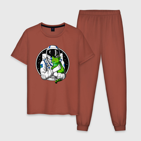 Мужская пижама хлопок с принтом Космонавт с инопланетным котом в Белгороде, 100% хлопок | брюки и футболка прямого кроя, без карманов, на брюках мягкая резинка на поясе и по низу штанин
 | аномальное явление | астронавт | инопланетянин | киса | киска | кисуля | кисуня | космический | космонавт | космос | кот | котенок | котик | коты в космосе | котэ | кошачий | кошечка | кошка | пришелец