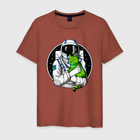 Мужская футболка хлопок с принтом Космонавт с инопланетным котом в Тюмени, 100% хлопок | прямой крой, круглый вырез горловины, длина до линии бедер, слегка спущенное плечо. | Тематика изображения на принте: аномальное явление | астронавт | инопланетянин | киса | киска | кисуля | кисуня | космический | космонавт | космос | кот | котенок | котик | коты в космосе | котэ | кошачий | кошечка | кошка | пришелец