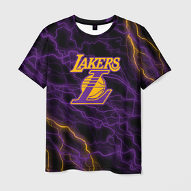 Мужская футболка 3D с принтом Лейкерс   Lakers   яркие молнии в Кировске, 100% полиэфир | прямой крой, круглый вырез горловины, длина до линии бедер | 24 | kobebryant | lakers | nba | баскетбол | баскетболист | коби брайант | лейкерс | нба | спорт