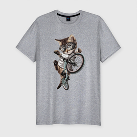 Мужская футболка хлопок Slim с принтом Крутой котёнок на BMX   Extreme в Екатеринбурге, 92% хлопок, 8% лайкра | приталенный силуэт, круглый вырез ворота, длина до линии бедра, короткий рукав | bicycle | bmx | claws | ears | extreme | eyes | kitten | moustache | muzzle | paws | stunt | велосипед | глаза | когти | котёнок | лапы | мордочка | очки | трюк | усы | уши | экстрим