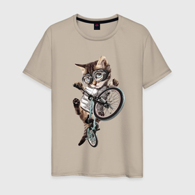 Мужская футболка хлопок с принтом Крутой котёнок на BMX   Extreme в Кировске, 100% хлопок | прямой крой, круглый вырез горловины, длина до линии бедер, слегка спущенное плечо. | bicycle | bmx | claws | ears | extreme | eyes | kitten | moustache | muzzle | paws | stunt | велосипед | глаза | когти | котёнок | лапы | мордочка | очки | трюк | усы | уши | экстрим