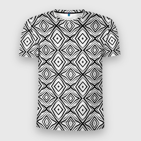 Мужская футболка 3D Slim с принтом Черно белый абстрактный узор ромбы . в Петрозаводске, 100% полиэстер с улучшенными характеристиками | приталенный силуэт, круглая горловина, широкие плечи, сужается к линии бедра | black and white | минималистичный | молодежный | серый | современный