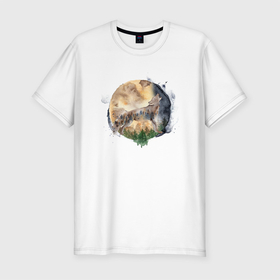Мужская футболка хлопок Slim с принтом волк  на фоне луны в Тюмени, 92% хлопок, 8% лайкра | приталенный силуэт, круглый вырез ворота, длина до линии бедра, короткий рукав | Тематика изображения на принте: wolf | волк | волк на фоне луны | волчица | луна
