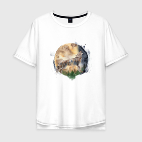 Мужская футболка хлопок Oversize с принтом волк  на фоне луны в Тюмени, 100% хлопок | свободный крой, круглый ворот, “спинка” длиннее передней части | Тематика изображения на принте: wolf | волк | волк на фоне луны | волчица | луна