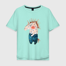 Мужская футболка хлопок Oversize с принтом Конь. Детский рисунок в Петрозаводске, 100% хлопок | свободный крой, круглый ворот, “спинка” длиннее передней части | детский рисунок | конь | коняшка | лошадка | лошадь