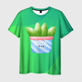Мужская футболка 3D с принтом алоэ в  горшочке в Петрозаводске, 100% полиэфир | прямой крой, круглый вырез горловины, длина до линии бедер | алоэ | горшок | листья | цветок | цветы