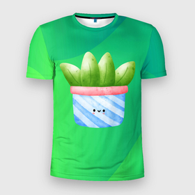 Мужская футболка 3D Slim с принтом алоэ в  горшочке в Петрозаводске, 100% полиэстер с улучшенными характеристиками | приталенный силуэт, круглая горловина, широкие плечи, сужается к линии бедра | алоэ | горшок | листья | цветок | цветы