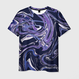 Мужская футболка 3D с принтом Фиолетовая магия. Абстракция с мраморными разводами в Кировске, 100% полиэфир | прямой крой, круглый вырез горловины, длина до линии бедер | абстракция | белый | мраморный узор | переливы | подтеки | разводы | сиреневый | темно синий | фиолетовый | хаос