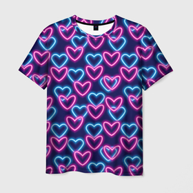 Мужская футболка 3D с принтом Неоновые сердца, паттерн в Белгороде, 100% полиэфир | прямой крой, круглый вырез горловины, длина до линии бедер | абстракция | любовь | неон | неоновый | розовый | сердце | темный фон