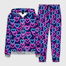 Мужской костюм 3D с принтом Неоновые сердца, паттерн в Новосибирске, 100% полиэстер | Манжеты и пояс оформлены тканевой резинкой, двухслойный капюшон со шнурком для регулировки, карманы спереди | абстракция | любовь | неон | неоновый | розовый | сердце | темный фон