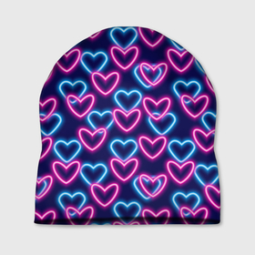 Шапка 3D с принтом Неоновые сердца, паттерн в Тюмени, 100% полиэстер | универсальный размер, печать по всей поверхности изделия | абстракция | любовь | неон | неоновый | розовый | сердце | темный фон