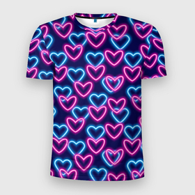 Мужская футболка 3D Slim с принтом Неоновые сердца, паттерн в Санкт-Петербурге, 100% полиэстер с улучшенными характеристиками | приталенный силуэт, круглая горловина, широкие плечи, сужается к линии бедра | абстракция | любовь | неон | неоновый | розовый | сердце | темный фон