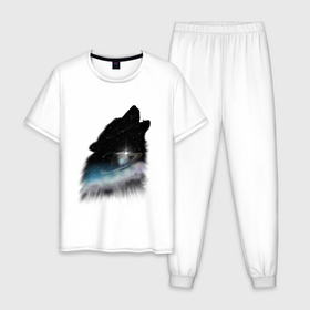 Мужская пижама хлопок с принтом Волк и космос , 100% хлопок | брюки и футболка прямого кроя, без карманов, на брюках мягкая резинка на поясе и по низу штанин
 | волк | вселенная | звезды | комета | космос | метеорит | небо | облака | планета | собака | хищник | черный