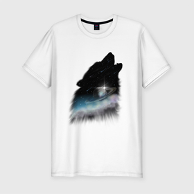 Мужская футболка хлопок Slim с принтом Волк и космос в Белгороде, 92% хлопок, 8% лайкра | приталенный силуэт, круглый вырез ворота, длина до линии бедра, короткий рукав | волк | вселенная | звезды | комета | космос | метеорит | небо | облака | планета | собака | хищник | черный