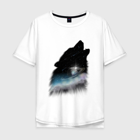 Мужская футболка хлопок Oversize с принтом Волк и космос в Кировске, 100% хлопок | свободный крой, круглый ворот, “спинка” длиннее передней части | волк | вселенная | звезды | комета | космос | метеорит | небо | облака | планета | собака | хищник | черный