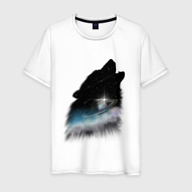 Мужская футболка хлопок с принтом Волк и космос в Петрозаводске, 100% хлопок | прямой крой, круглый вырез горловины, длина до линии бедер, слегка спущенное плечо. | волк | вселенная | звезды | комета | космос | метеорит | небо | облака | планета | собака | хищник | черный