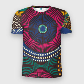 Мужская футболка 3D Slim с принтом Африка. Орнамент в Екатеринбурге, 100% полиэстер с улучшенными характеристиками | приталенный силуэт, круглая горловина, широкие плечи, сужается к линии бедра | африка | африканский узор | круги | линия | орнамент | узор | этника