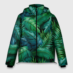 Мужская зимняя куртка 3D с принтом Green plants pattern в Тюмени, верх — 100% полиэстер; подкладка — 100% полиэстер; утеплитель — 100% полиэстер | длина ниже бедра, свободный силуэт Оверсайз. Есть воротник-стойка, отстегивающийся капюшон и ветрозащитная планка. 

Боковые карманы с листочкой на кнопках и внутренний карман на молнии. | flower | flowers | листья | паттерн | паттерн растения | растения | тропические цветы | цветочки | цветы