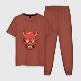 Мужская пижама хлопок с принтом Devil Red в Санкт-Петербурге, 100% хлопок | брюки и футболка прямого кроя, без карманов, на брюках мягкая резинка на поясе и по низу штанин
 | death | devil | halloween | horror | skull | zombie | демон | дьявол | зло | зомби | призрак | скелет | хоррор | хэллоуин | череп