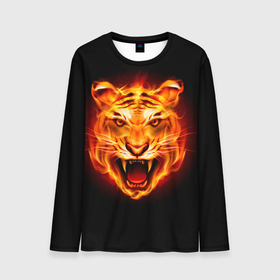 Мужской лонгслив 3D с принтом ПЫЛАЮЩИЙ ТИГР в Курске, 100% полиэстер | длинные рукава, круглый вырез горловины, полуприлегающий силуэт | 2022 год тигра | зверь | огонь | пламя | пылающий тигр | тигр | хищник