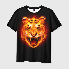 Мужская футболка 3D с принтом ПЫЛАЮЩИЙ ТИГР в Санкт-Петербурге, 100% полиэфир | прямой крой, круглый вырез горловины, длина до линии бедер | 2022 год тигра | зверь | огонь | пламя | пылающий тигр | тигр | хищник