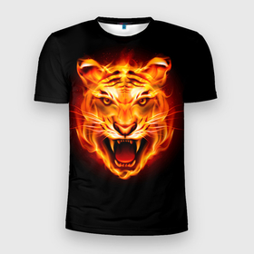 Мужская футболка 3D Slim с принтом ПЫЛАЮЩИЙ ТИГР в Петрозаводске, 100% полиэстер с улучшенными характеристиками | приталенный силуэт, круглая горловина, широкие плечи, сужается к линии бедра | Тематика изображения на принте: 2022 год тигра | зверь | огонь | пламя | пылающий тигр | тигр | хищник