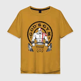 Мужская футболка хлопок Oversize с принтом Gods GYM в Белгороде, 100% хлопок | свободный крой, круглый ворот, “спинка” длиннее передней части | barbell | fitness | god of war | gods gym | kratos | spartan | бог войны | жим | кратос | спартанский фитнесс | штанга