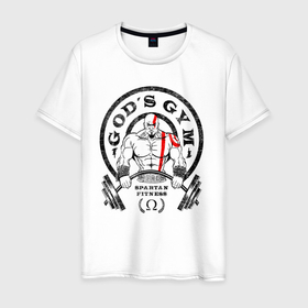 Мужская футболка хлопок с принтом Gods GYM в Новосибирске, 100% хлопок | прямой крой, круглый вырез горловины, длина до линии бедер, слегка спущенное плечо. | barbell | fitness | god of war | gods gym | kratos | spartan | бог войны | жим | кратос | спартанский фитнесс | штанга