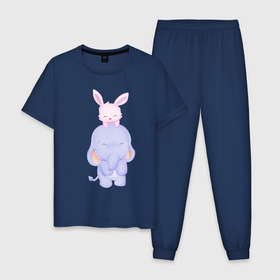 Мужская пижама хлопок с принтом Милый Слонёнок и Кролик Играют Вместе , 100% хлопок | брюки и футболка прямого кроя, без карманов, на брюках мягкая резинка на поясе и по низу штанин
 | animals | beast | cute | hare | rabbit | животные | заяц | звери | кролик | крольчонок | милый | слон | слонёнок