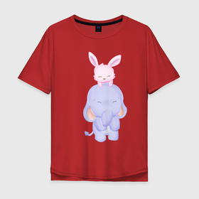 Мужская футболка хлопок Oversize с принтом Милый Слонёнок и Кролик Играют Вместе в Новосибирске, 100% хлопок | свободный крой, круглый ворот, “спинка” длиннее передней части | animals | beast | cute | hare | rabbit | животные | заяц | звери | кролик | крольчонок | милый | слон | слонёнок