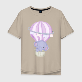 Мужская футболка хлопок Oversize с принтом Милый Слонёнок Летит На Воздушном Шаре в Санкт-Петербурге, 100% хлопок | свободный крой, круглый ворот, “спинка” длиннее передней части | animals | beast | cute | животные | звери | милый | слон | слонёнок