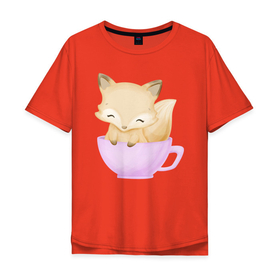 Мужская футболка хлопок Oversize с принтом Милый Лисёнок Сидит В Чашке в Новосибирске, 100% хлопок | свободный крой, круглый ворот, “спинка” длиннее передней части | Тематика изображения на принте: animals | beast | cute | fox | животные | звери | лиса | лисёнок | милый