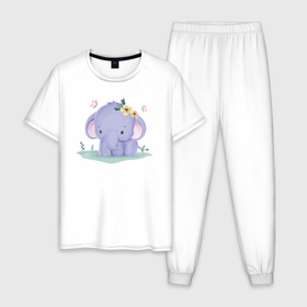 Мужская пижама хлопок с принтом Милый Слонёнок На Полянке в Новосибирске, 100% хлопок | брюки и футболка прямого кроя, без карманов, на брюках мягкая резинка на поясе и по низу штанин
 | animals | beast | cute | животные | звери | милый | слон | слонёнок