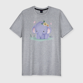 Мужская футболка хлопок Slim с принтом Милый Слонёнок На Полянке в Белгороде, 92% хлопок, 8% лайкра | приталенный силуэт, круглый вырез ворота, длина до линии бедра, короткий рукав | animals | beast | cute | животные | звери | милый | слон | слонёнок