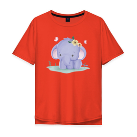 Мужская футболка хлопок Oversize с принтом Милый Слонёнок На Полянке в Белгороде, 100% хлопок | свободный крой, круглый ворот, “спинка” длиннее передней части | Тематика изображения на принте: animals | beast | cute | животные | звери | милый | слон | слонёнок