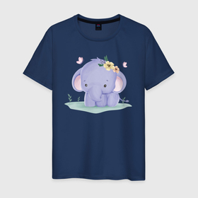 Мужская футболка хлопок с принтом Милый Слонёнок На Полянке в Екатеринбурге, 100% хлопок | прямой крой, круглый вырез горловины, длина до линии бедер, слегка спущенное плечо. | animals | beast | cute | животные | звери | милый | слон | слонёнок