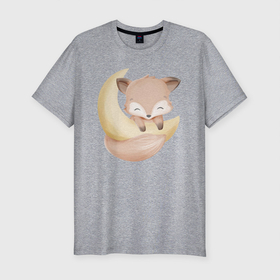 Мужская футболка хлопок Slim с принтом Милый Лисёнок Повис На Месяце в Новосибирске, 92% хлопок, 8% лайкра | приталенный силуэт, круглый вырез ворота, длина до линии бедра, короткий рукав | animals | beast | cute | fox | животные | звери | лиса | лисёнок | милый
